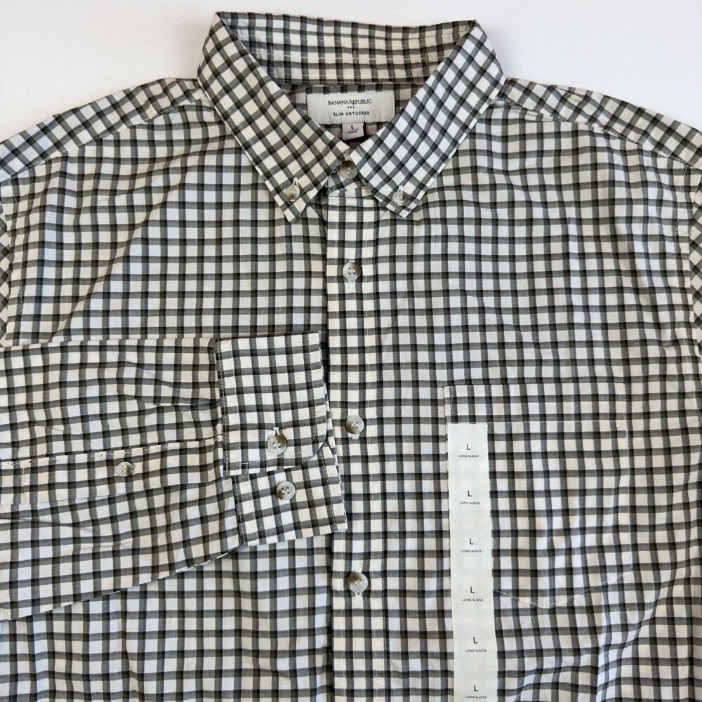 NEW Banana Republic Slim Untucked Shirt Mens L Long Sleeve Button Down Tan,Gray
